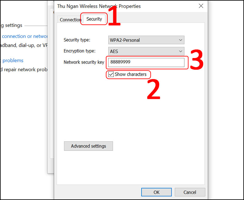 Chọn mục Security > Chọn Show characters > Sau đó bạn sẽ thấy mật khẩu hiện ở mục Network security key.